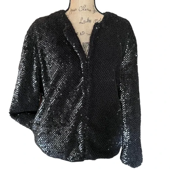 Vero Moda Sz Large Starlight Short Jacket Sequin Black Pockets Glam Bling Sherpa - Picture 4 of 16